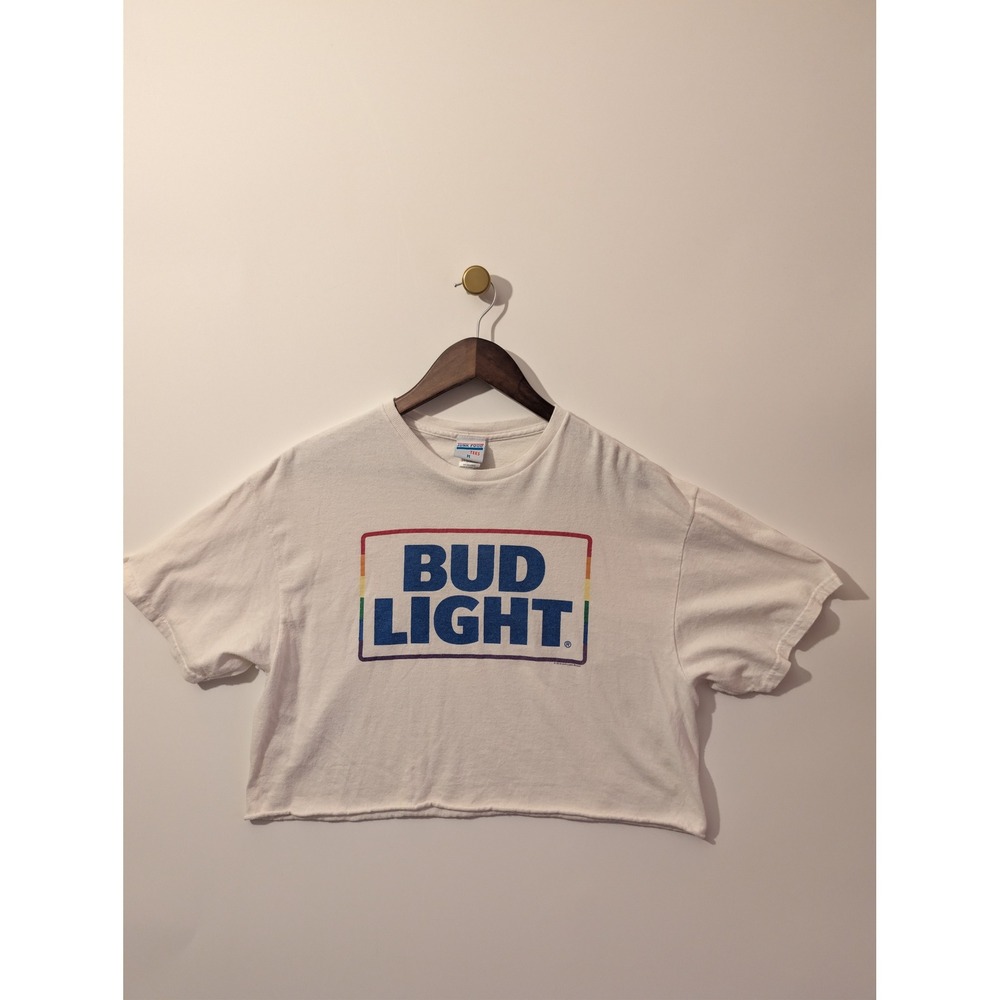 Junk Food Bud Light Crop Top Women M White Excellent Rainbow Pride Graphic Tee